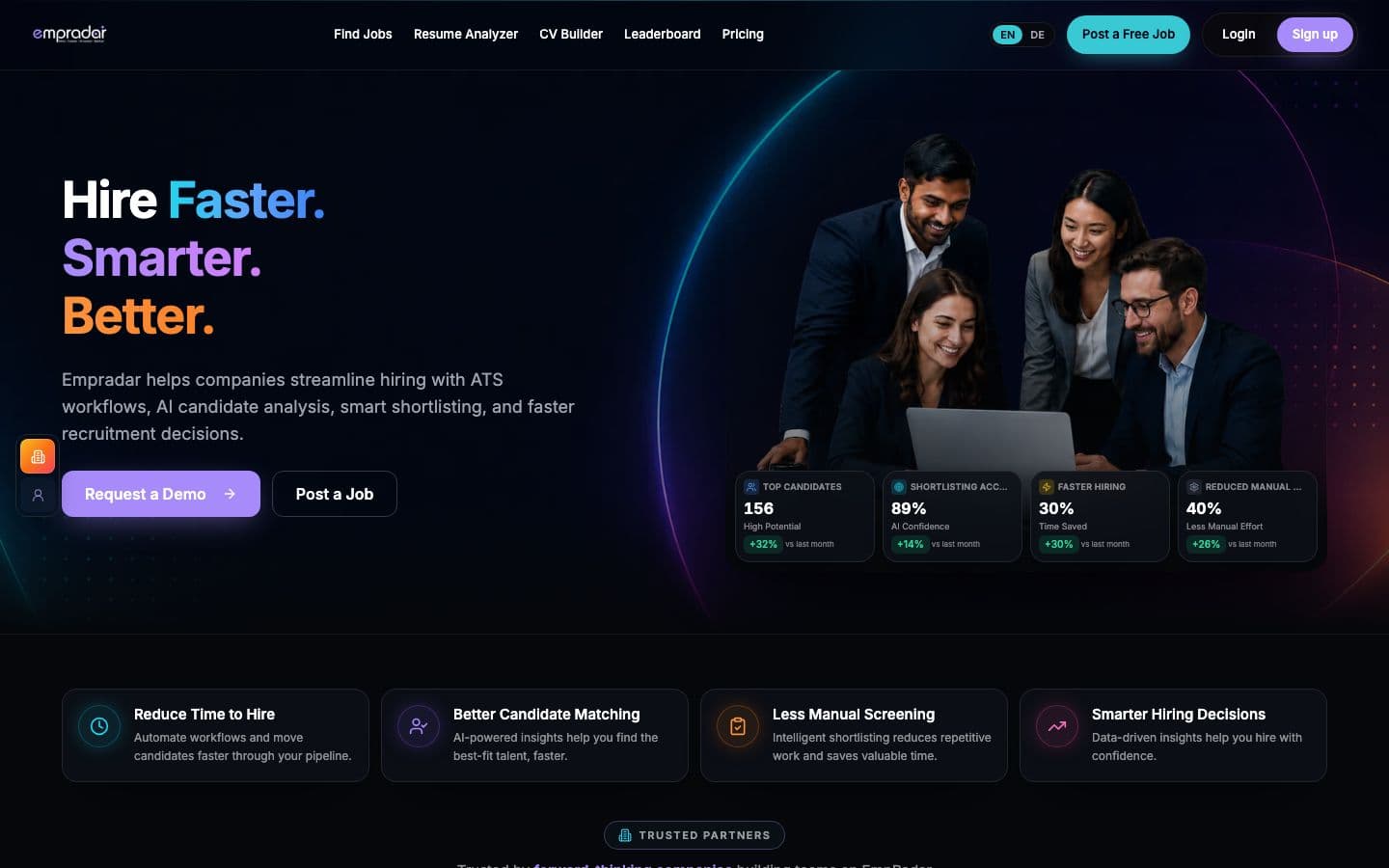 Die EmpRadar-Startseite: Hire faster, smarter, better, mit dem Recruiting-Team und Live-Zahlen zur Shortlist